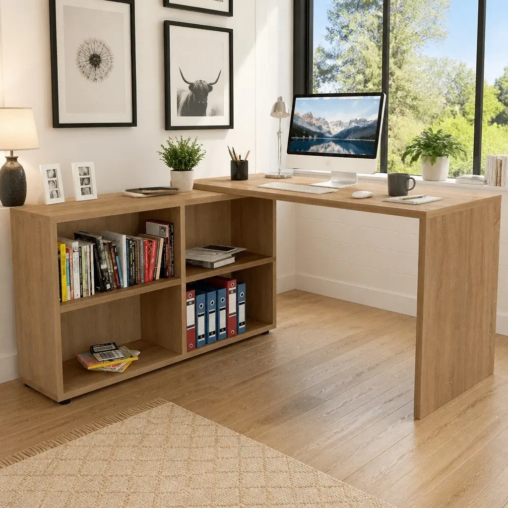 Brown Corner Desk with 4 Storage Shelves