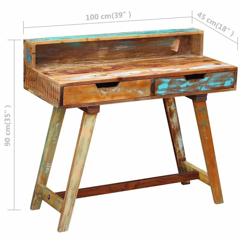 Vintage Style Desk Reclaimed Wood Solid Multicolour Office Study Computer Table with Two Drawers