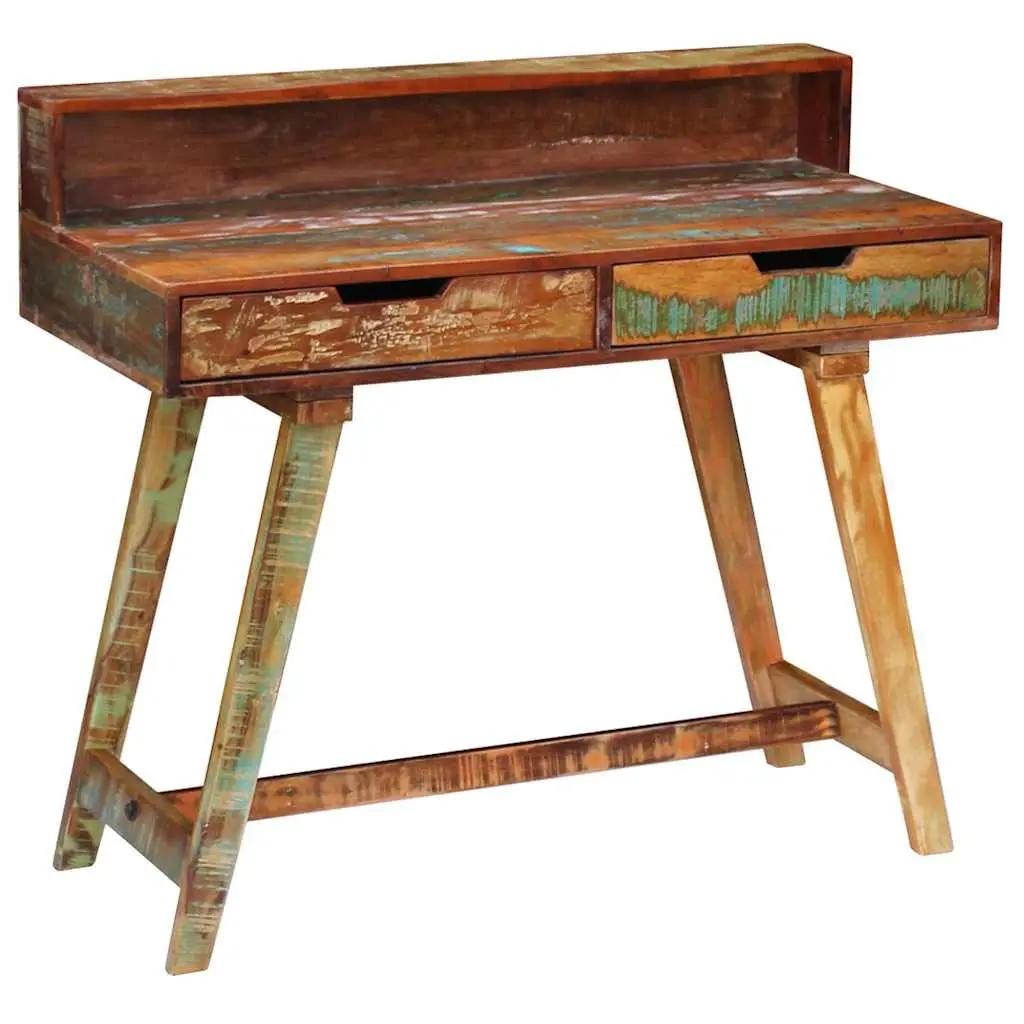 Vintage Style Desk Reclaimed Wood Solid Multicolour Office Study Computer Table with Two Drawers
