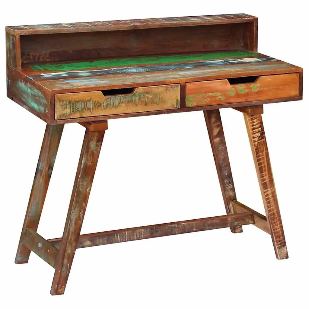 Vintage Style Desk Reclaimed Wood Solid Multicolour Office Study Computer Table with Two Drawers