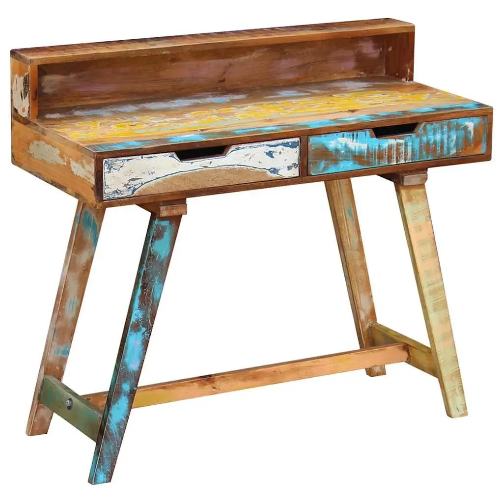 Vintage Style Desk Reclaimed Wood Solid Multicolour Office Study Computer Table with Two Drawers