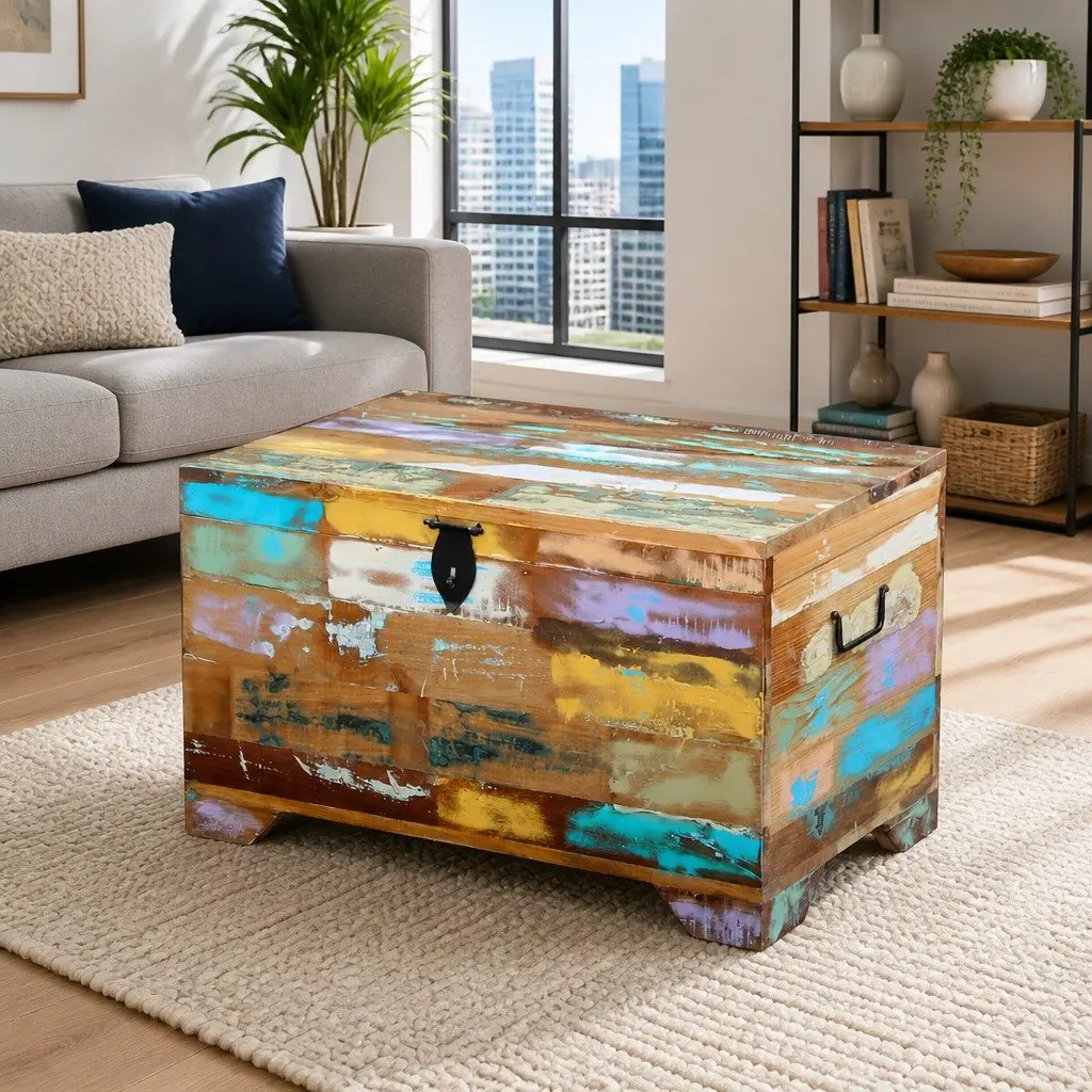 Vintage Handmade Coffee Table Storage Chest Solid Reclaimed Wood Multicolour