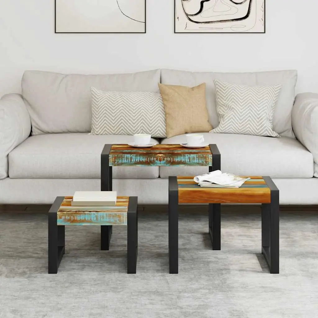 Nesting Tables Solid Reclaimed Wood 3 Piece Multicolour Stackable End Side Coffee