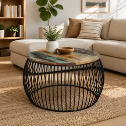 Round Coffee Table Solid Reclaimed Wood Vintage Handmade Side Table Brown 68cm