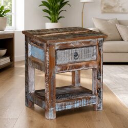 End Table with Drawer Solid Reclaimed Wood Bedside Nightstand Storage Cabinet