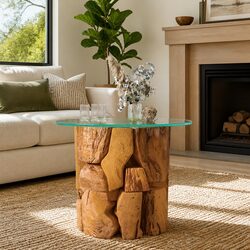 Coffee Table Driftwood Base Tempered Glass Top Rustic Handmade 60cm