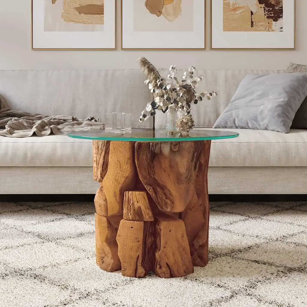 Coffee Table Driftwood Base Tempered Glass Top Rustic Handmade 60cm