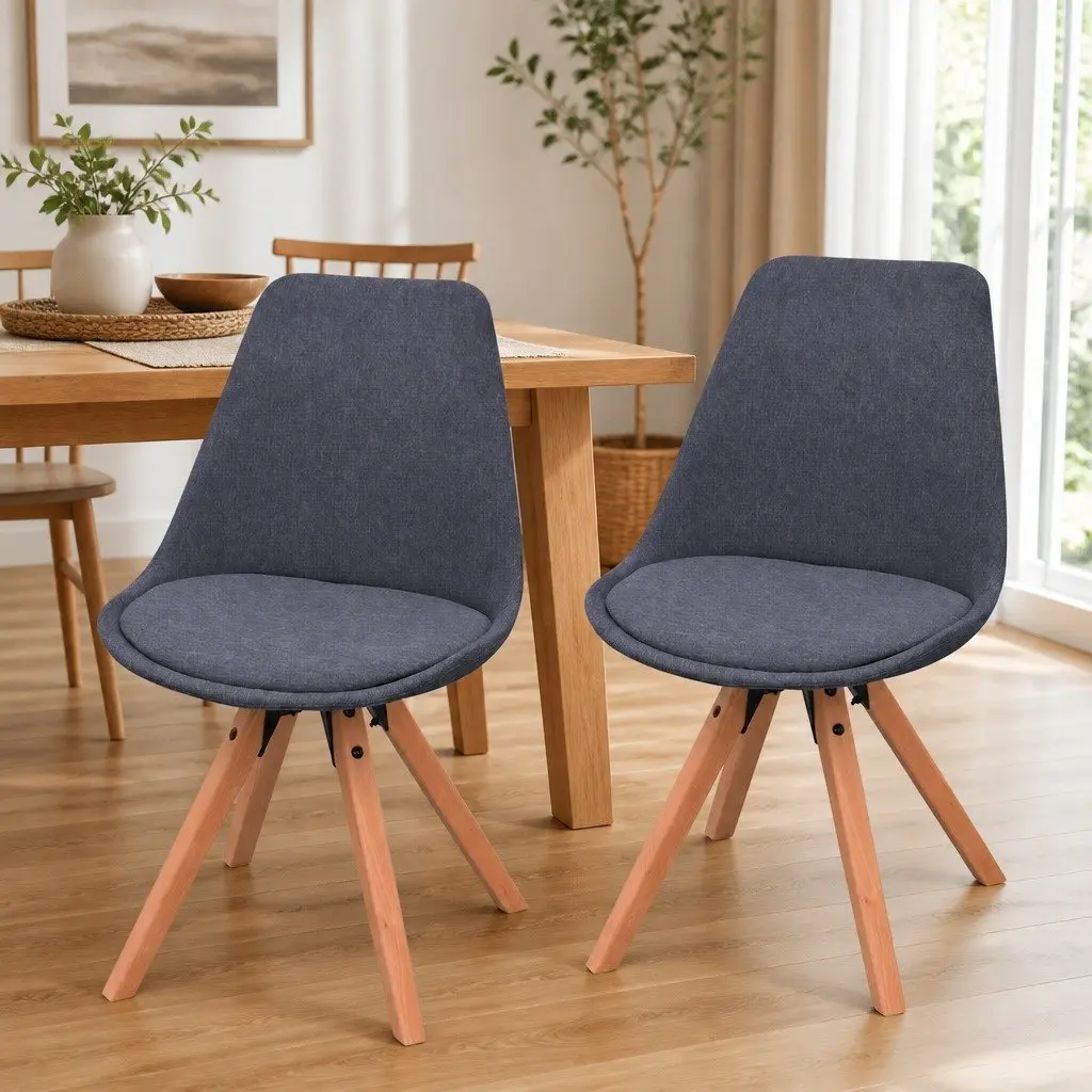 Dining Chairs Fabric Padded Seat Wooden Legs 2 pcs Grey Retro