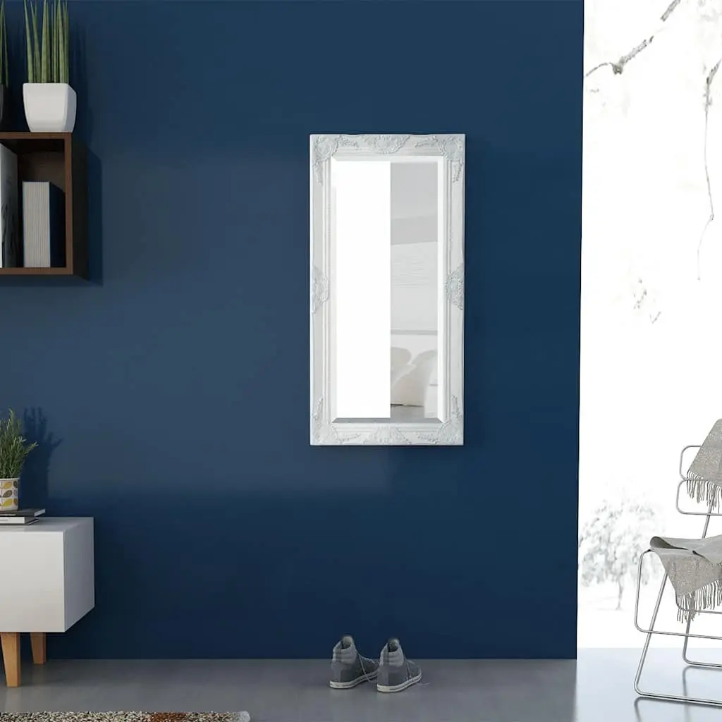 Wall Mirror Wooden Frame Bevelled Edge 100 x 50 cm White Baroque Style Decorative Home Decor