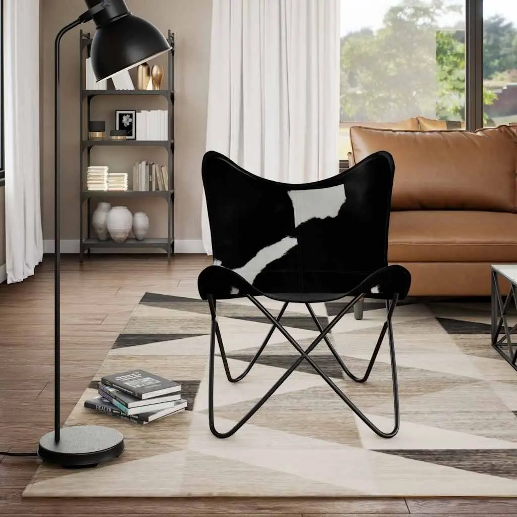 Butterfly Chair Real Cowhide Leather Black Vintage Accent Lounge Seating