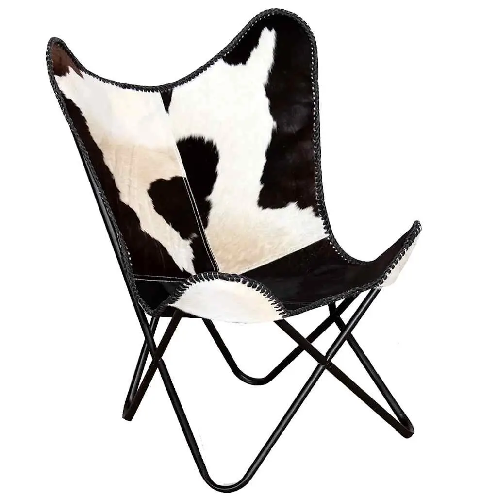 Butterfly Chair Real Cowhide Leather Black Vintage Accent Lounge Seating