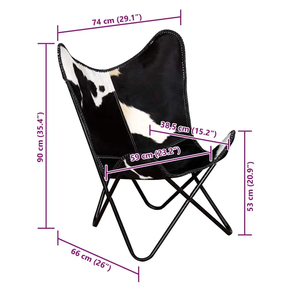 Butterfly Chair Real Cowhide Leather Black Vintage Accent Lounge Seating