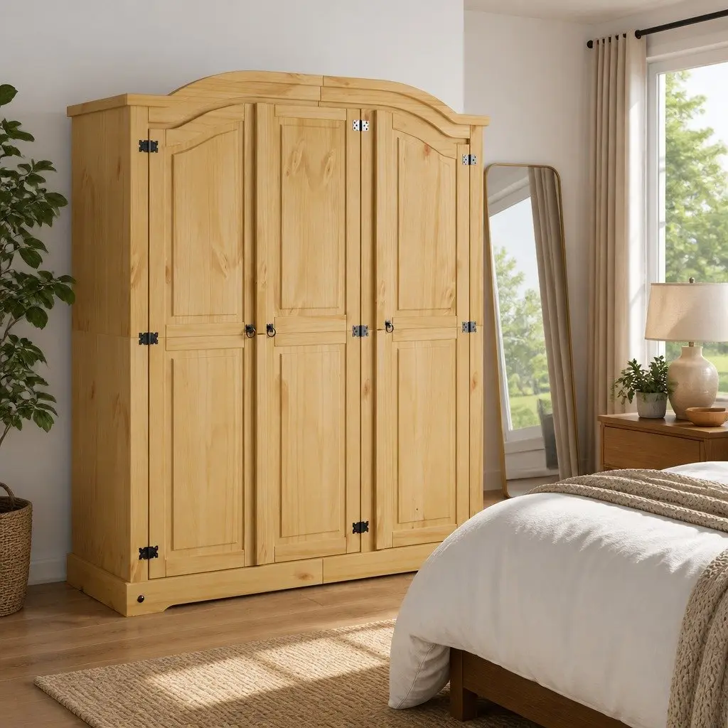 3 Door Wooden Wardrobe Cabinet Brown Pine Bedroom Armoire Storage Cupboard
