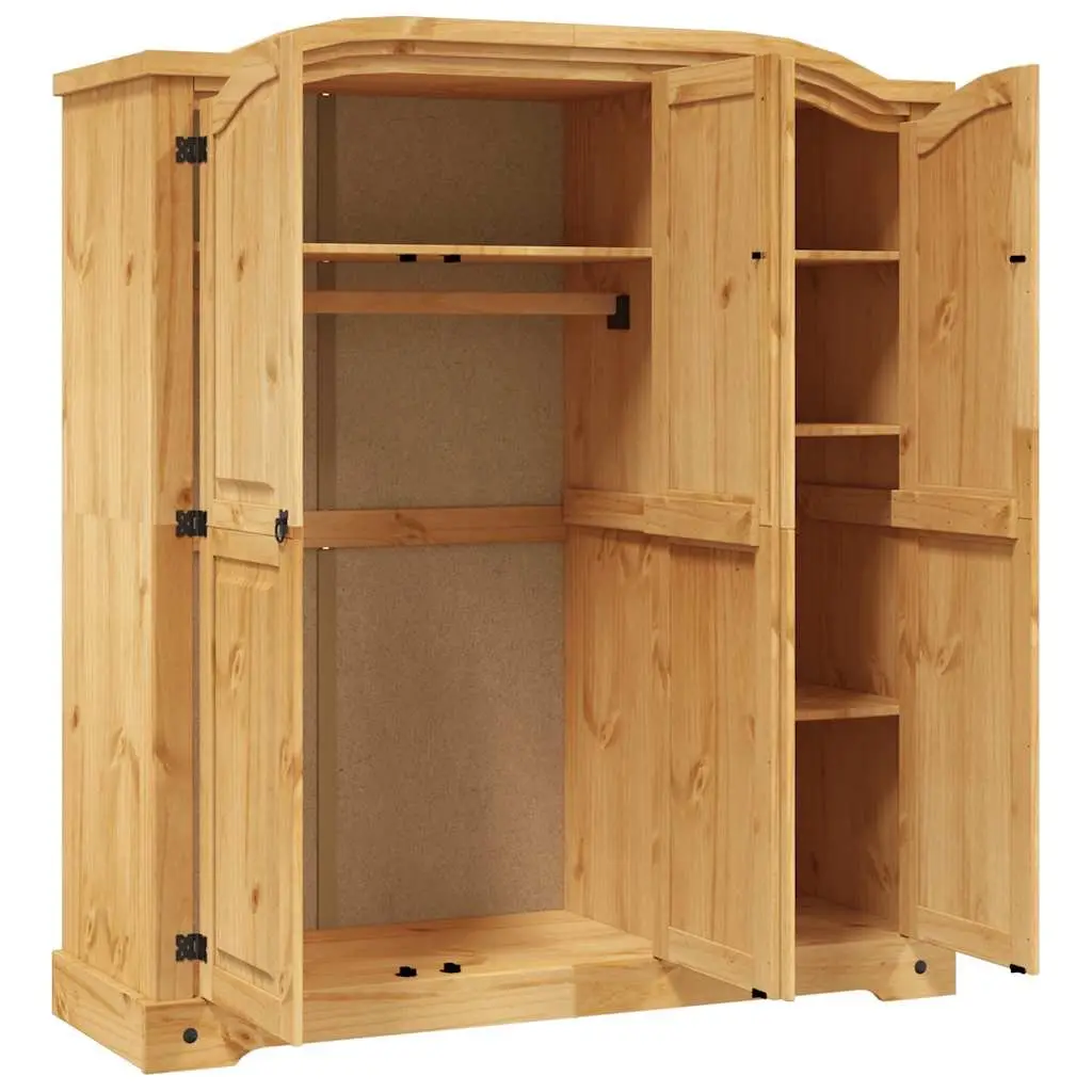 3 Door Wooden Wardrobe Cabinet Brown Pine Bedroom Armoire Storage Cupboard
