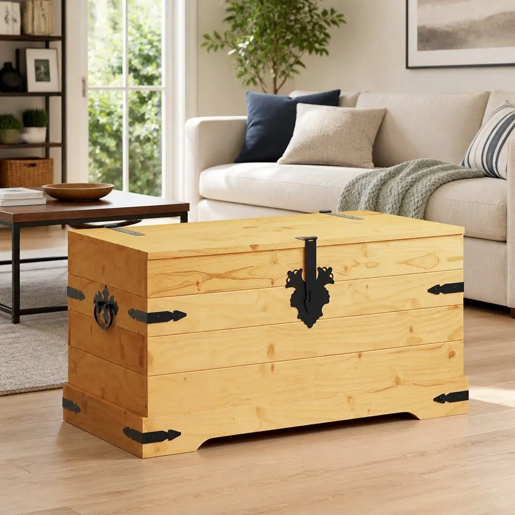 Storage Chest Wooden Pinewood Brown Rustic Corona Style 91 x 49.5 x 47 cm