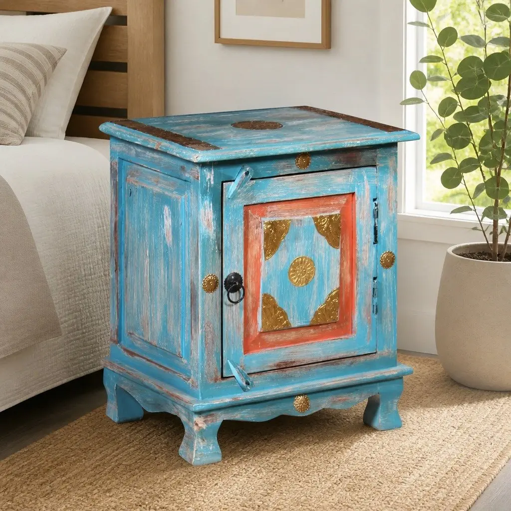Blue Bedside Table Mango Wood Cabinet Indian Style Nightstand with Pull Handle and Latch Closure