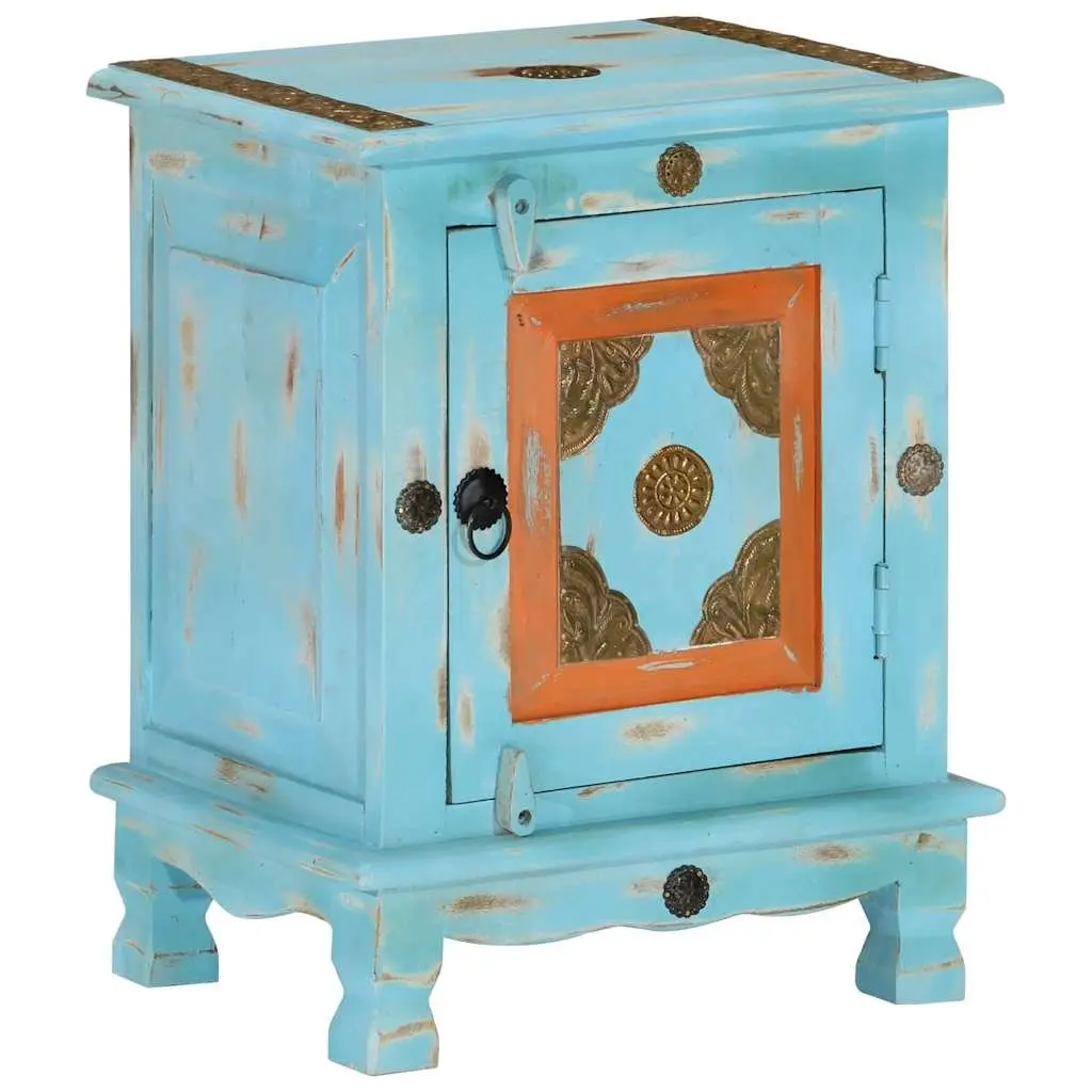 Blue Bedside Table Mango Wood Cabinet Indian Style Nightstand with Pull Handle and Latch Closure