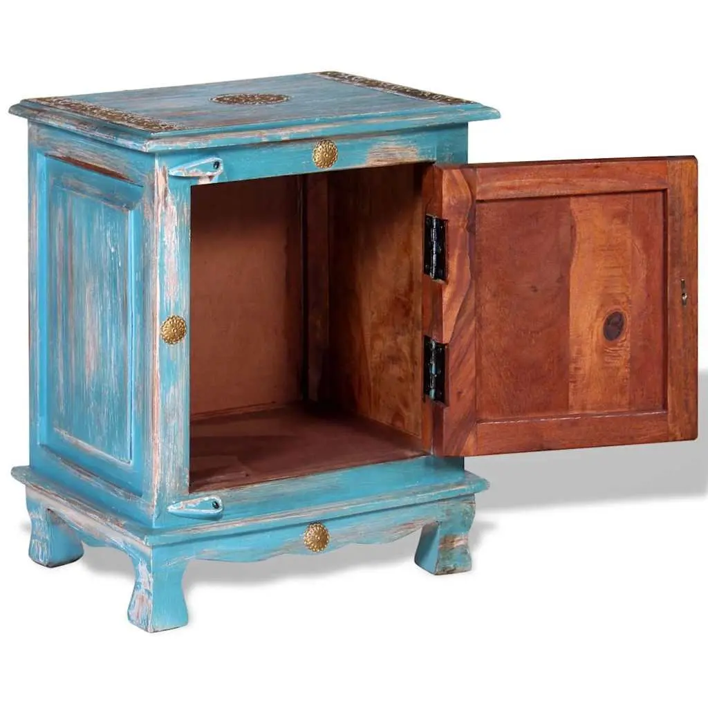 Blue Bedside Table Mango Wood Cabinet Indian Style Nightstand with Pull Handle and Latch Closure