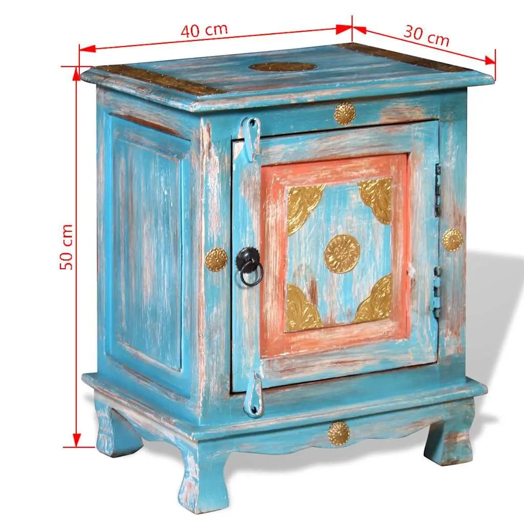 Blue Bedside Table Mango Wood Cabinet Indian Style Nightstand with Pull Handle and Latch Closure