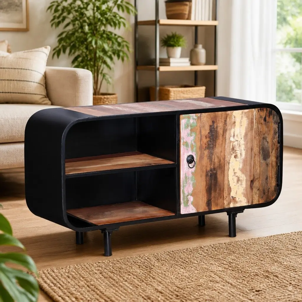Reclaimed Wood TV Cabinet Iron 90x30x48cm Brown Rustic Industrial Lowboard Sideboard Unit