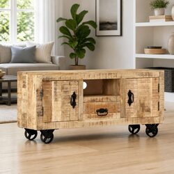 Functional Wooden TV Unit: Rustic Charm on Wheels