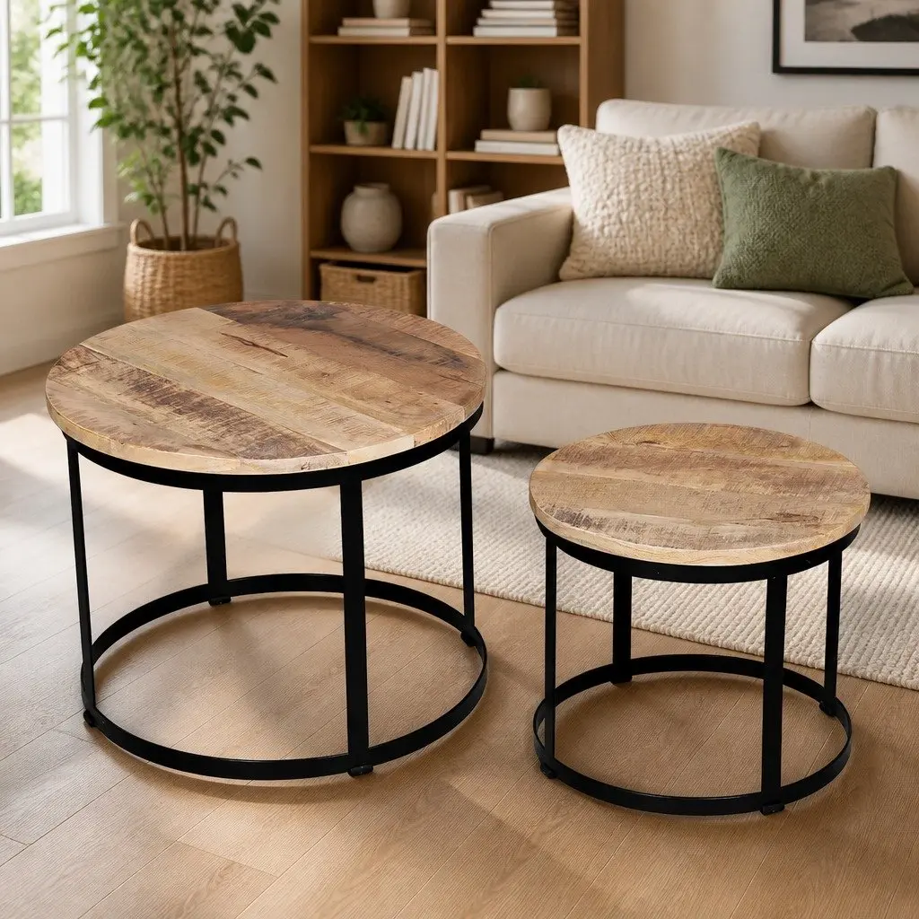 Coffee Table Set Wooden Round 40 cm 50 cm Brown