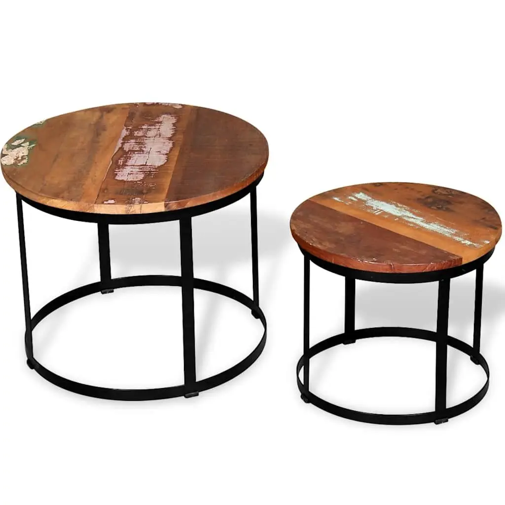 Coffee Table Set Reclaimed Wood Round 40cm 50cm Brown Industrial Vintage