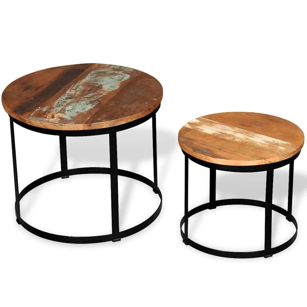 Coffee Table Set Reclaimed Wood Round 40cm 50cm Brown Industrial Vintage