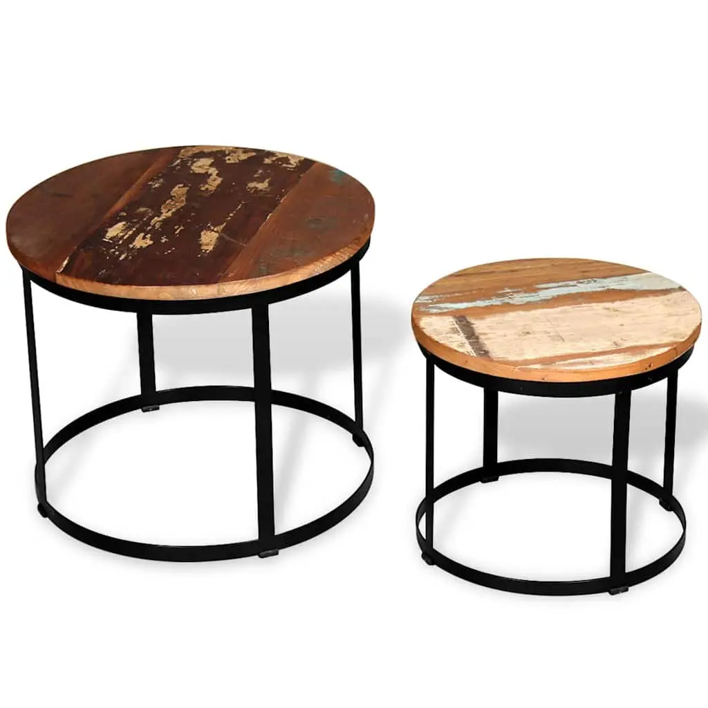 Coffee Table Set Reclaimed Wood Round 40cm 50cm Brown Industrial Vintage