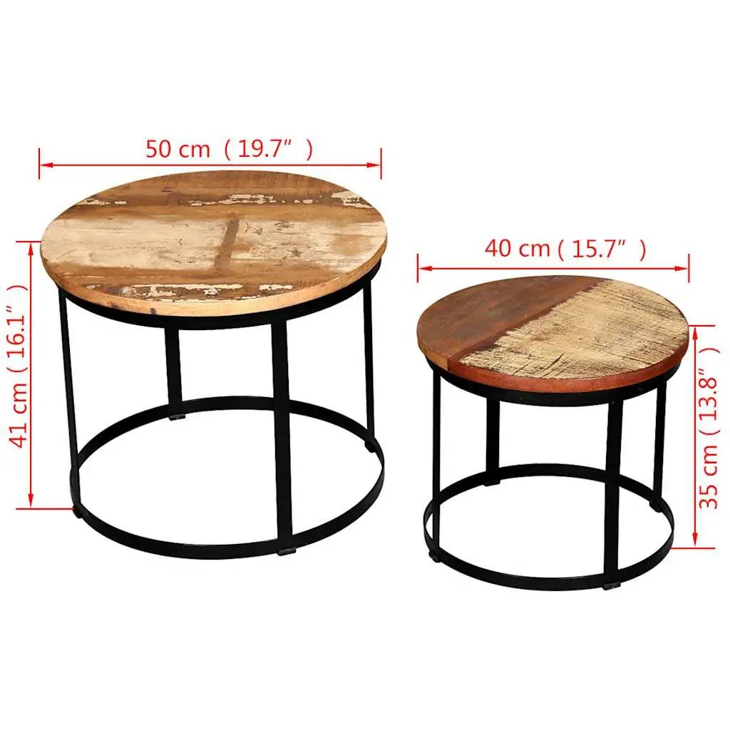 Coffee Table Set Reclaimed Wood Round 40cm 50cm Brown Industrial Vintage