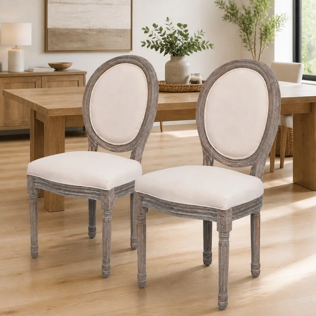 Dining Chairs Linen Fabric Foam Padded Seat Wooden Legs Cream 2 Piece