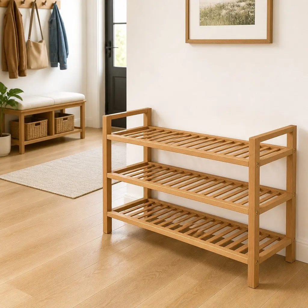 Wooden Shoe Rack Organiser 3 Shelf Storage Hallway Brown Oak 100x27x60cm