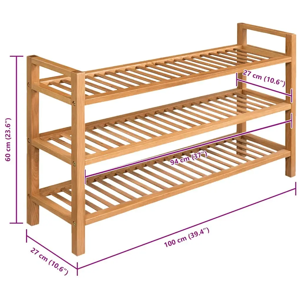 Wooden Shoe Rack Organiser 3 Shelf Storage Hallway Brown Oak 100x27x60cm
