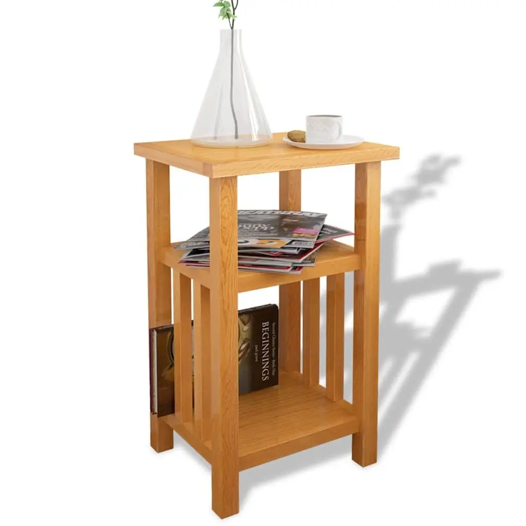 End Table Solid Oak Wood Brown Compact 27x35x55cm with Magazine Shelf for Living Room Accent