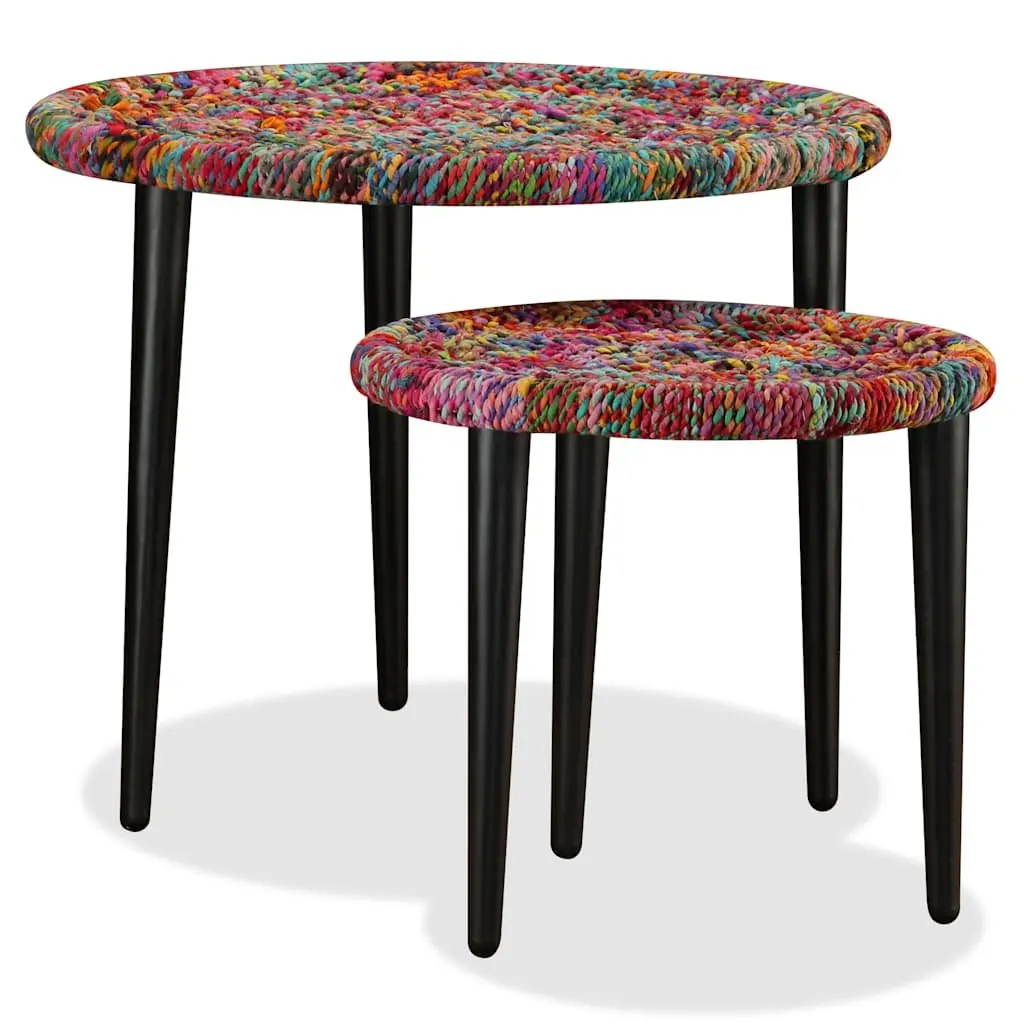 Coffee Table Set 2 Pieces Chindi Weave Multicolour Nesting Tables Living Room