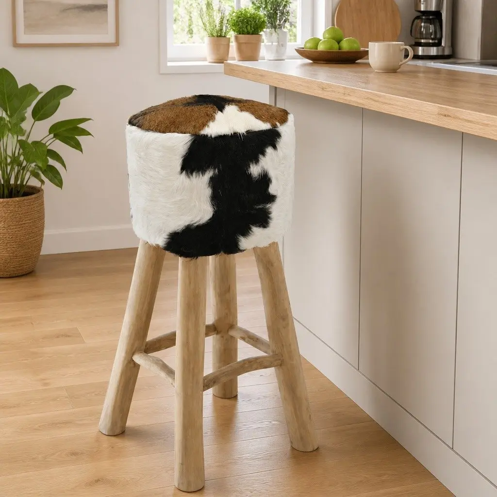 Rustic Bar Stool Teak Wood Frame Goat Leather Seat Brown