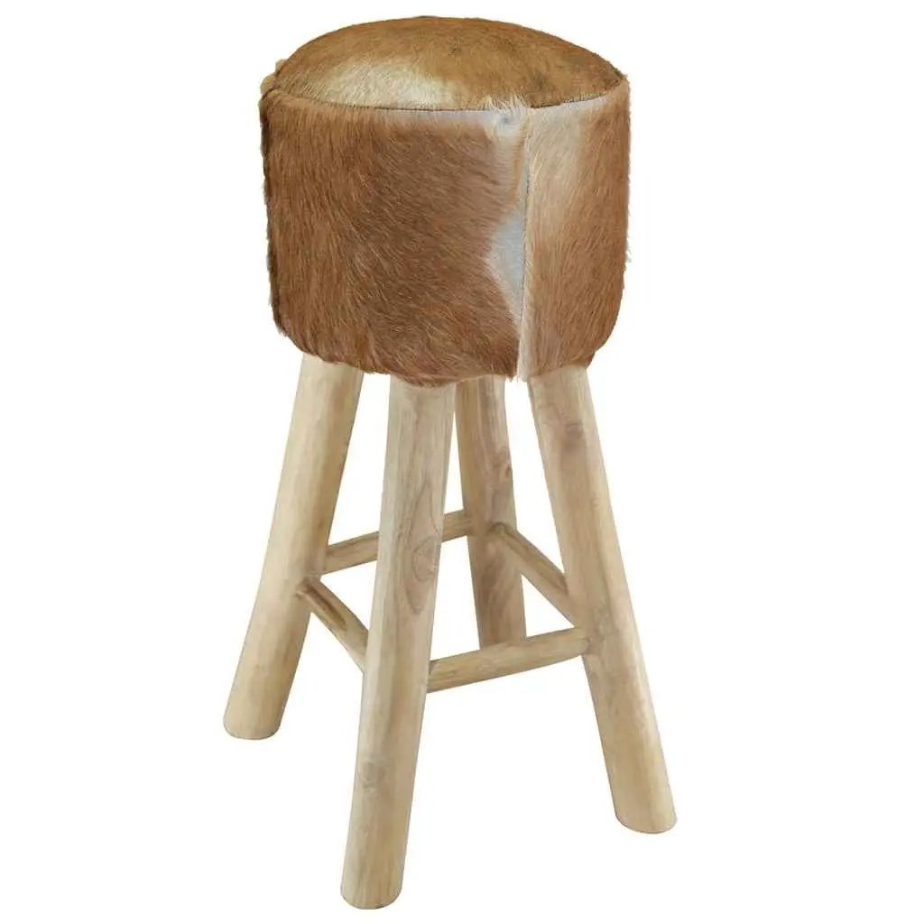 Rustic Bar Stool Teak Wood Frame Goat Leather Seat Brown