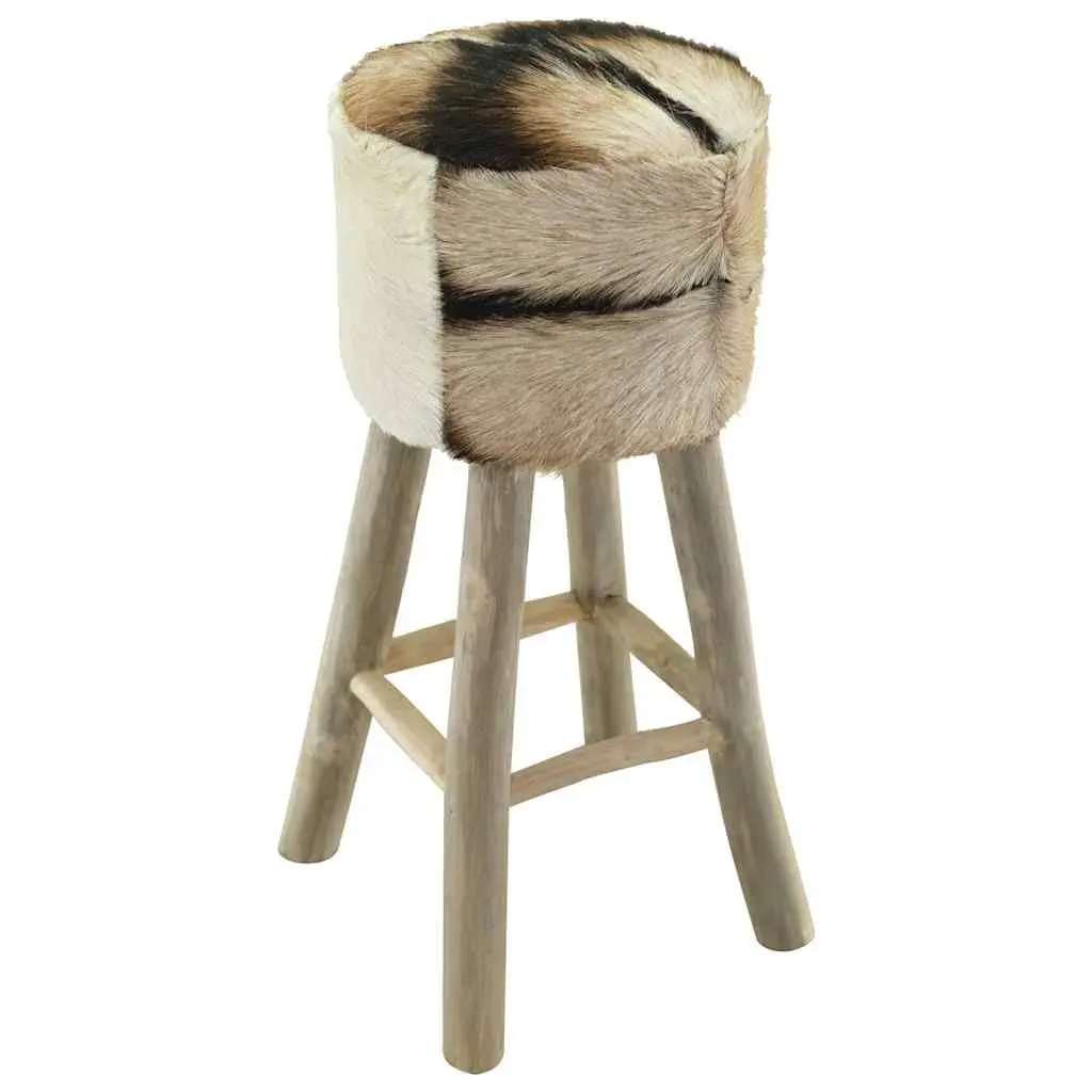 Rustic Bar Stool Teak Wood Frame Goat Leather Seat Brown