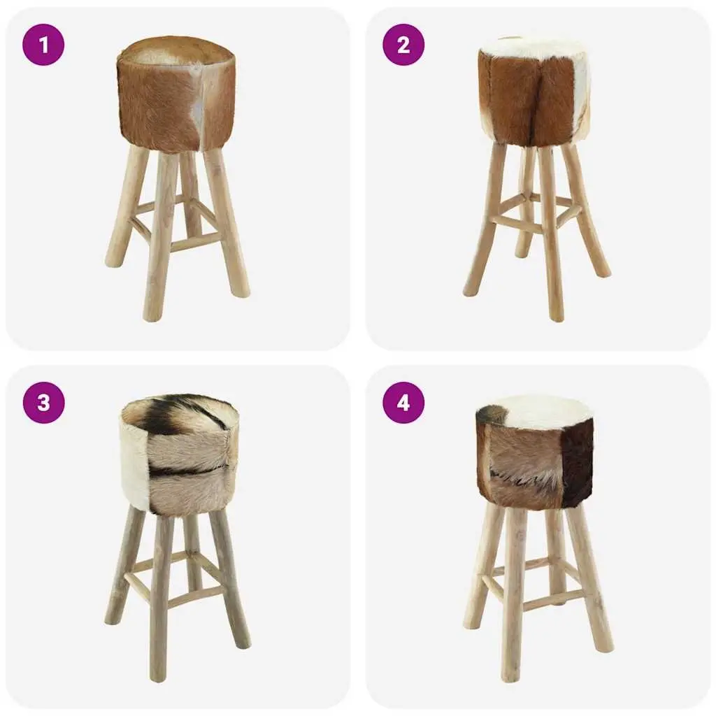 Rustic Bar Stool Teak Wood Frame Goat Leather Seat Brown