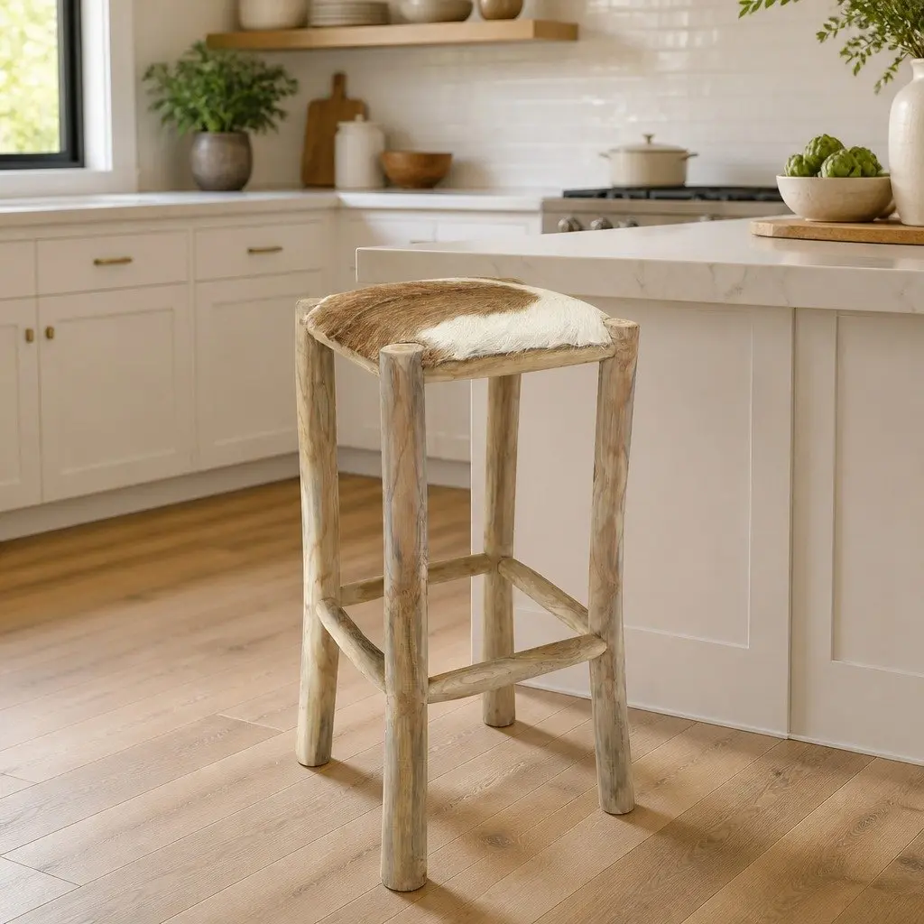Bar Stool Goatskin Leather Seat Solid Teak Wood Frame Rustic Brown Dining