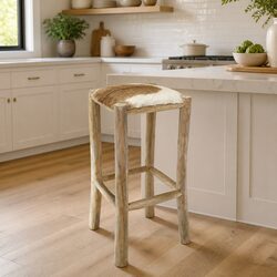 Bar Stool Goatskin Leather Seat Solid Teak Wood Frame Rustic Brown Dining