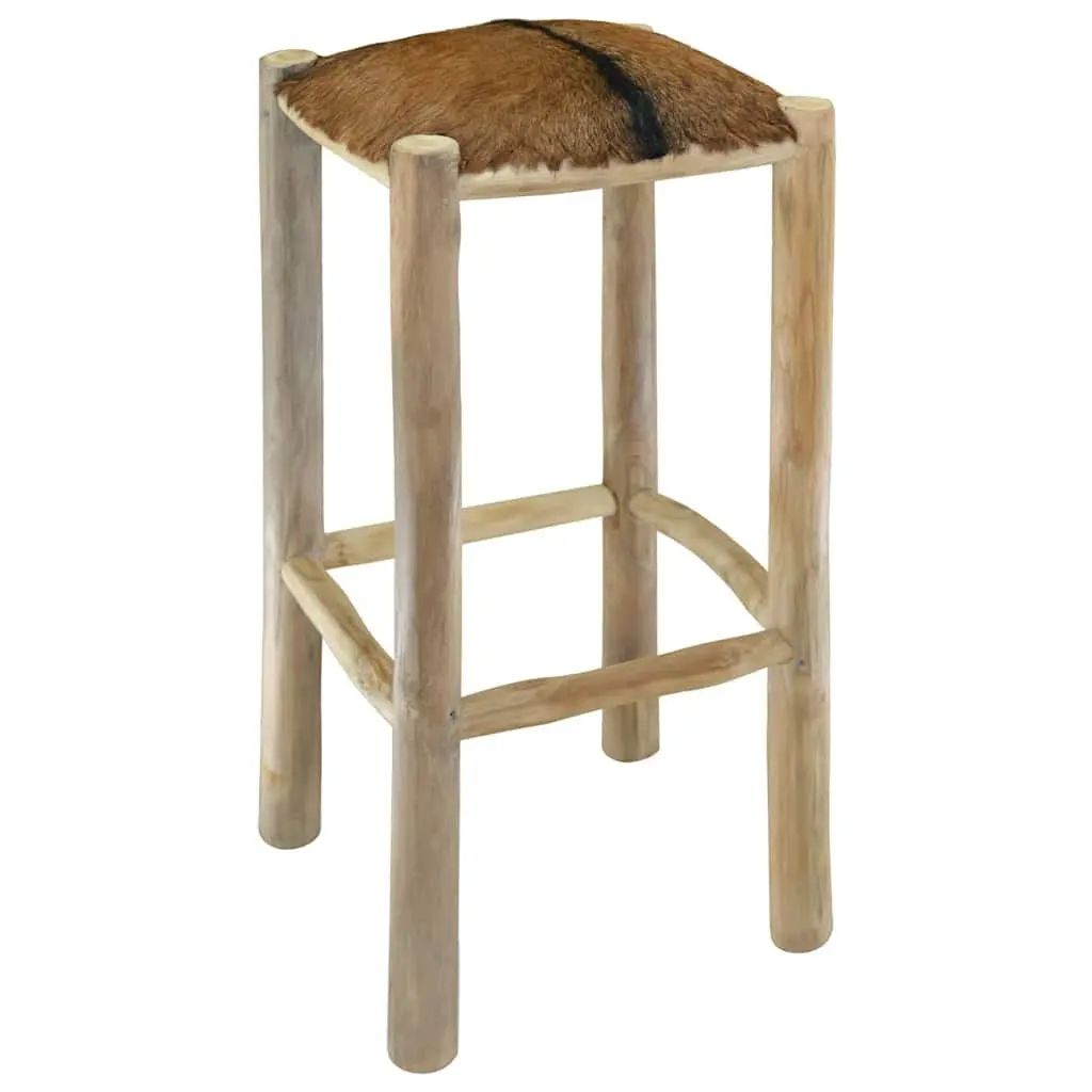 Bar Stool Goatskin Leather Seat Solid Teak Wood Frame Rustic Brown Dining