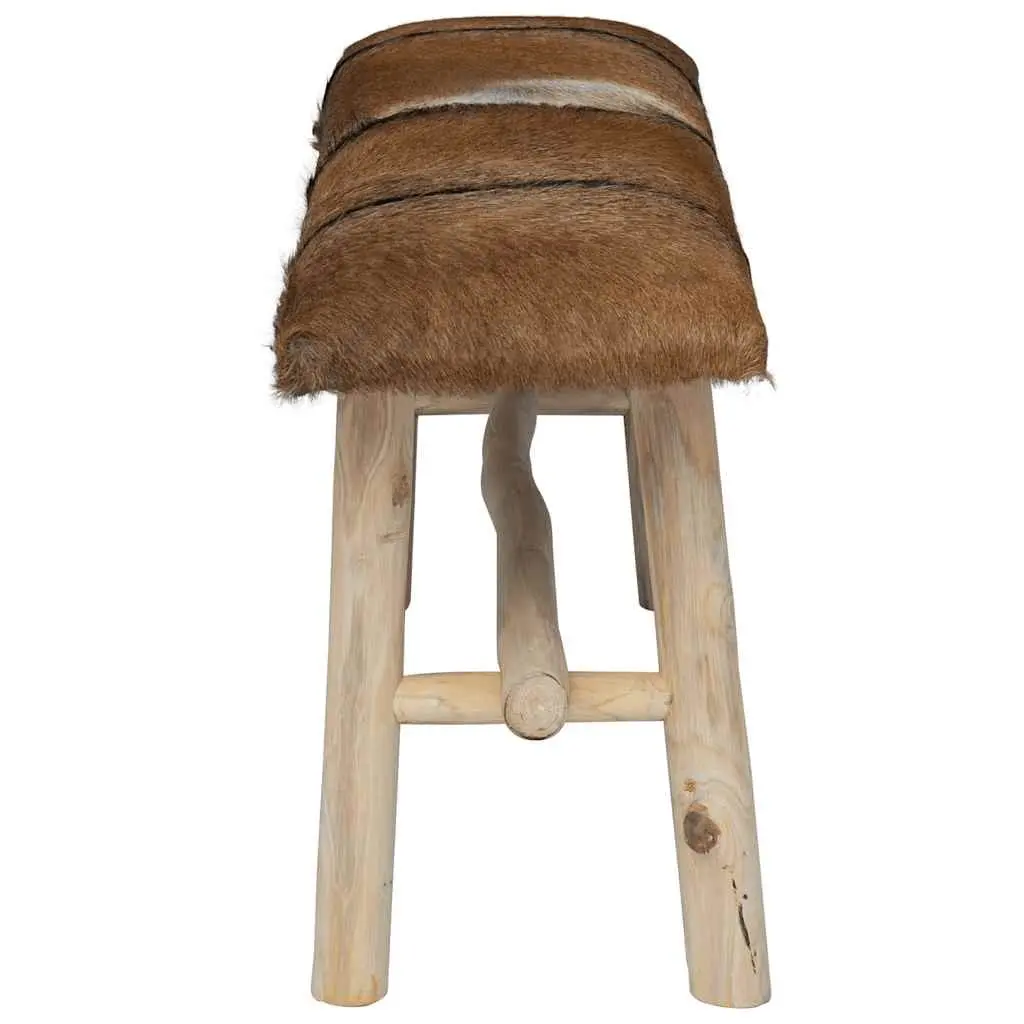 Goat Leather Bench Teak Frame Multicolour Rustic Style
