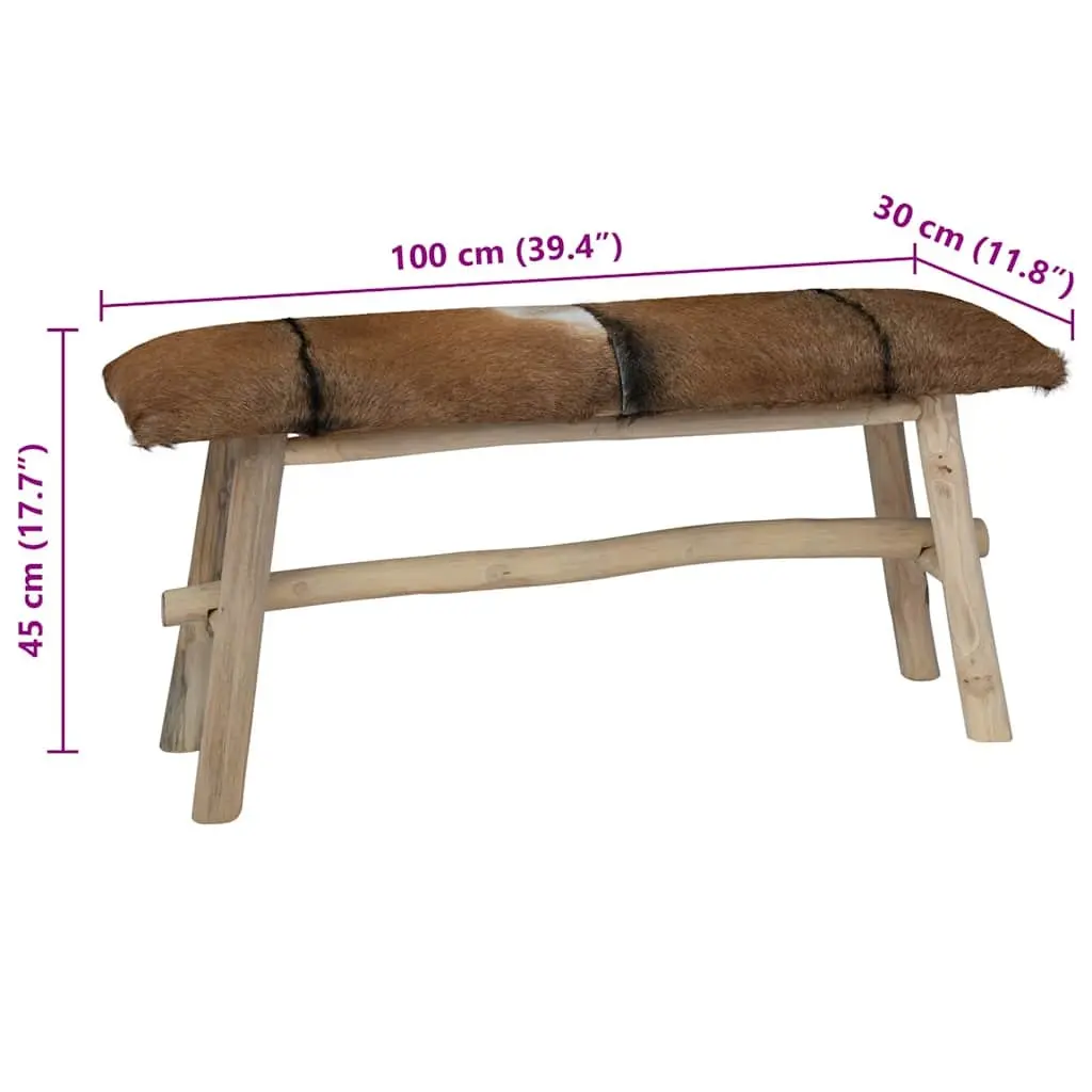 Goat Leather Bench Teak Frame Multicolour Rustic Style