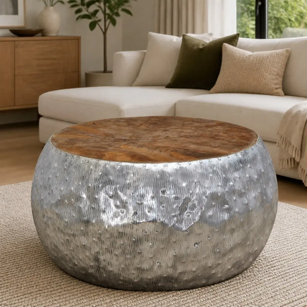 Round Coffee Table Teak Tabletop Aluminium Frame Side Accent 60x60x30cm