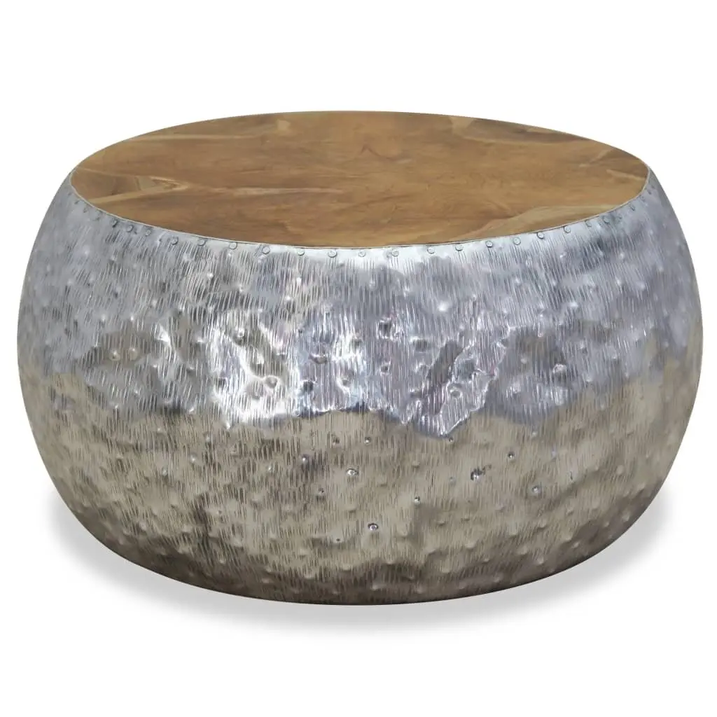 Round Coffee Table Teak Tabletop Aluminium Frame Side Accent 60x60x30cm