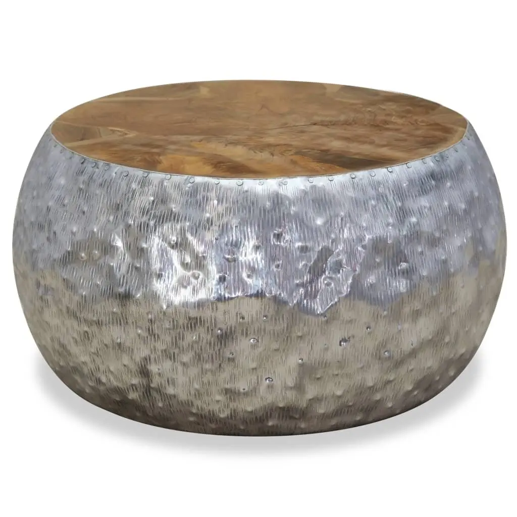 Round Coffee Table Teak Tabletop Aluminium Frame Side Accent 60x60x30cm