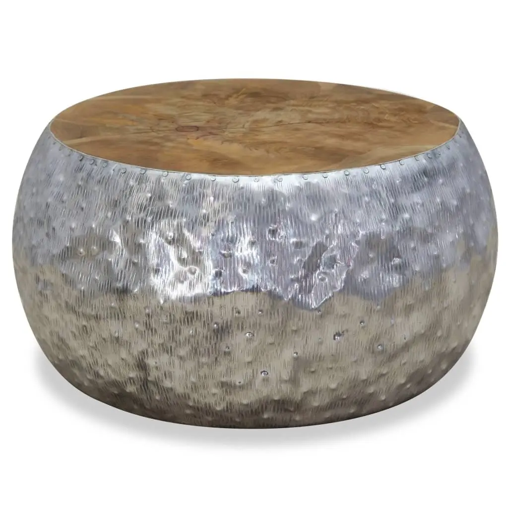 Round Coffee Table Teak Tabletop Aluminium Frame Side Accent 60x60x30cm