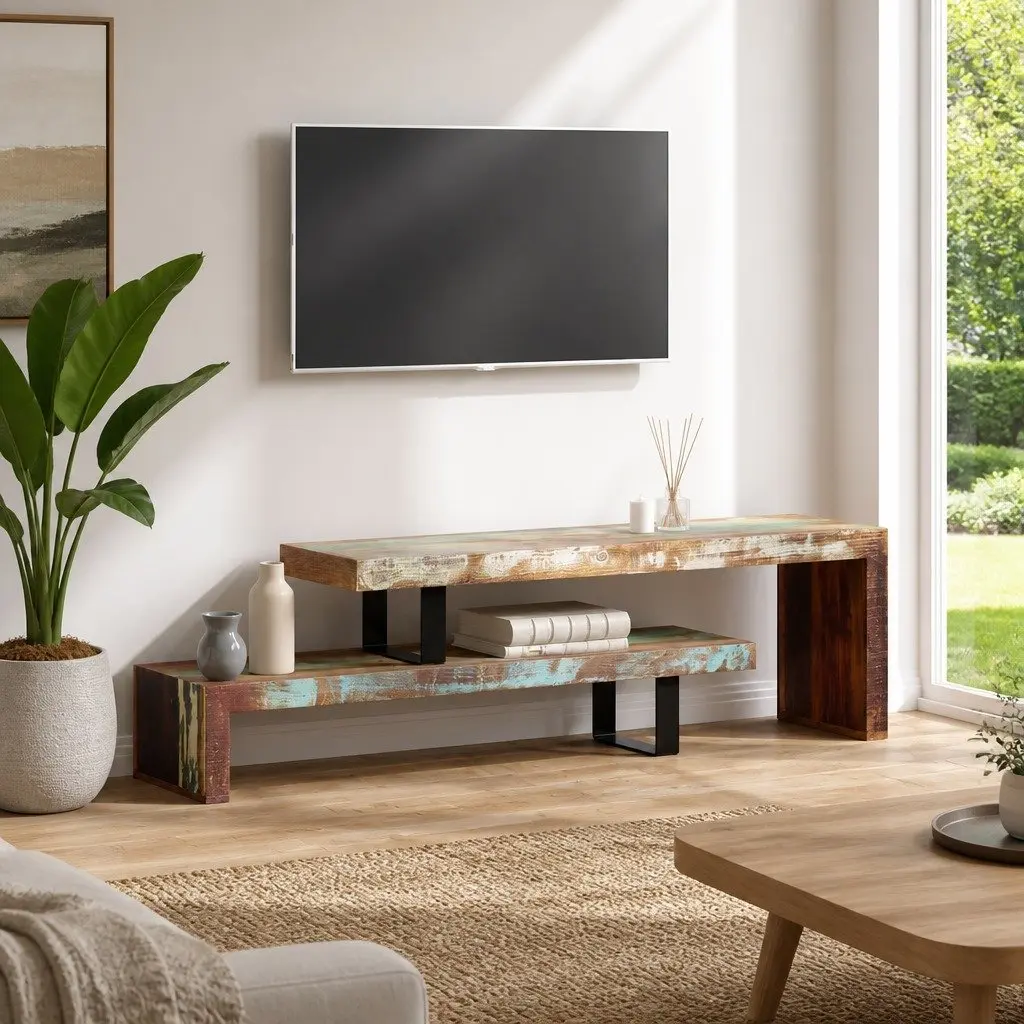 TV Stand Solid Reclaimed Wood Brown Stackable Two-Tier Storage Cabinet