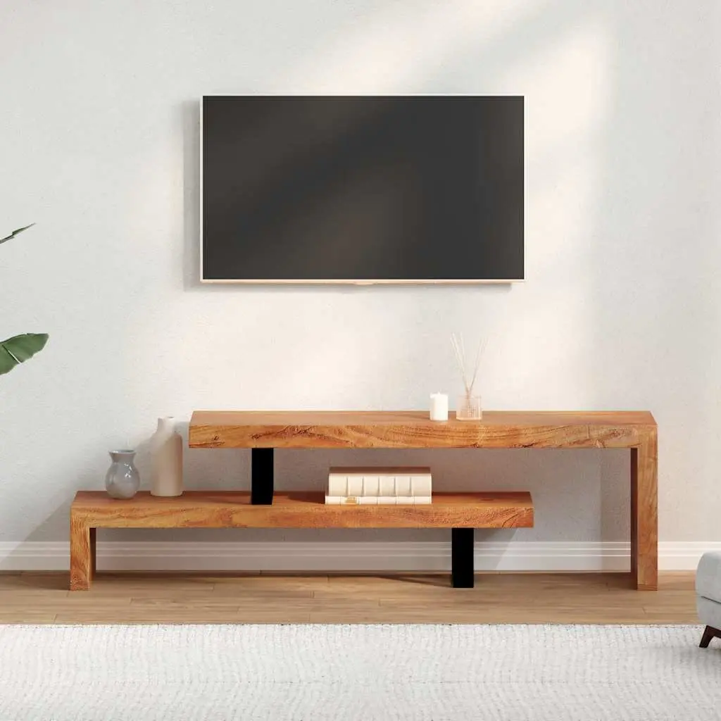 Wooden TV Stand Solid Acacia Wood 2-Tier Stackable Cabinet Brown Retro